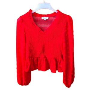 She + Sky Red Stretch Crop Top Semi Sheer Puff Sleeves w/ Popcorn Bumps Size S